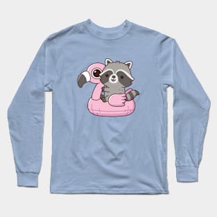 Cute Raccoon On Pink Flamingo Pool Float Long Sleeve T-Shirt